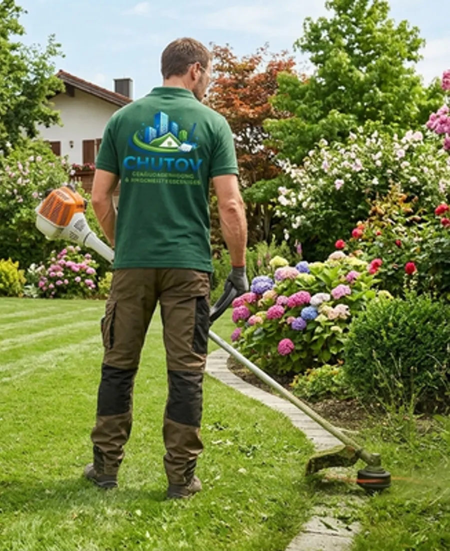 Mitarbeiter bei der Gartenpflege im Chutov-Shirt