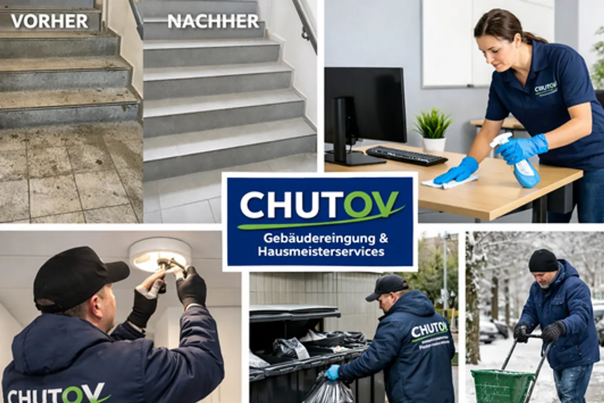 Einblicke in die Arbeit von Chutov: Treppenhaus vorher und nachher, Büroreinigung, Kleinreparaturen, Tonnendienst und Winterdienst